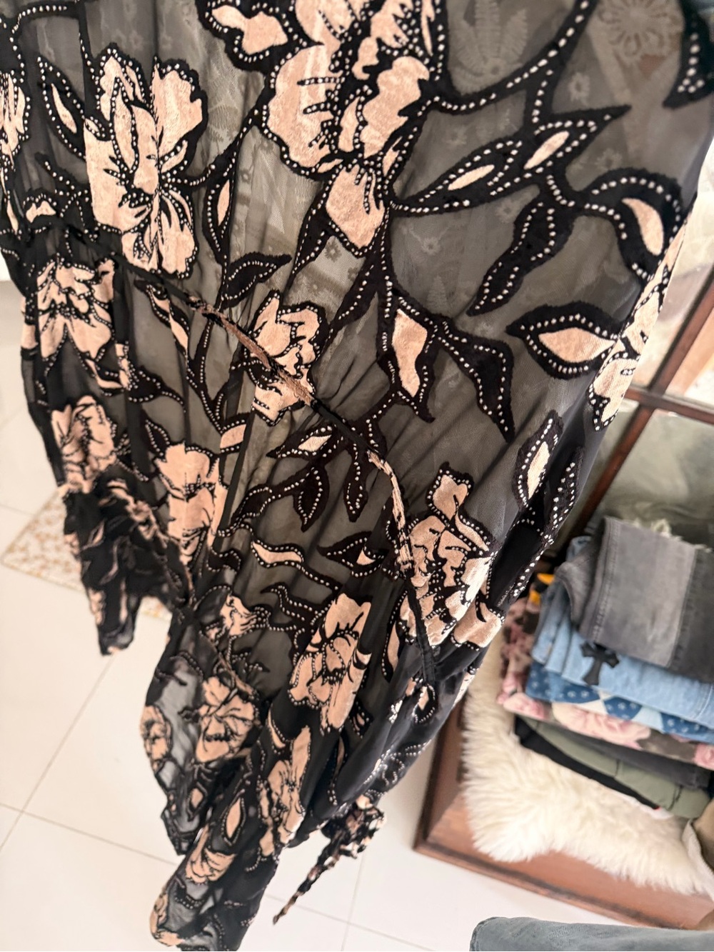 Free People Black Sheer Maxi Skirt with Beige Floral Appliqué